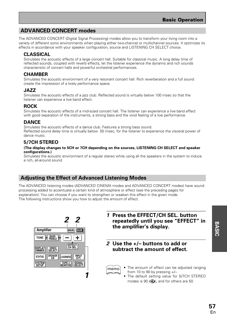 Advanced concert modes, Adjusting the effect of advanced listening modes, Basic | Basic operation, Classical, Chamber, Jazz, Rock, Dance, 5/7ch stereo | Pioneer VSA-AX10 User Manual | Page 57 / 112