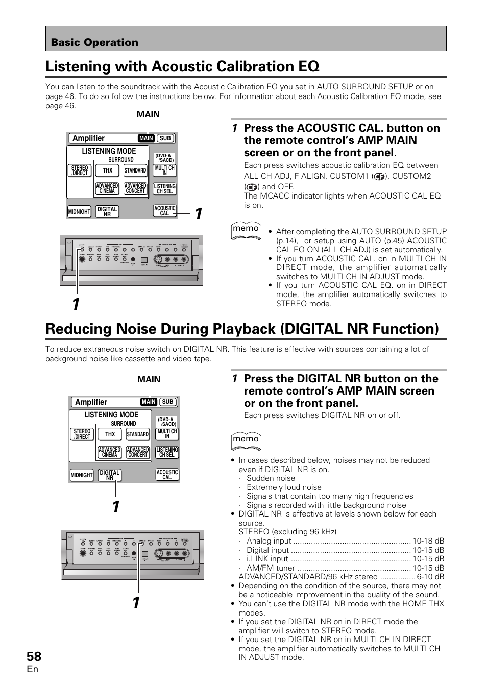 Digital nr function), Listening with acoustic calibration eq, Basic operation | Pioneer VSA-AX10 User Manual | Page 58 / 112