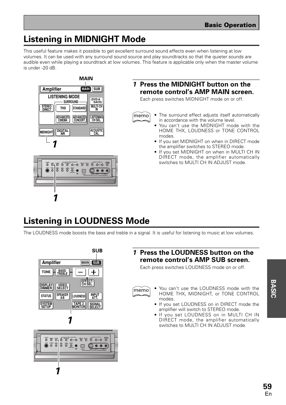 Listening in midnight mode, Listening in loudness mode, Basic | Basic operation | Pioneer VSA-AX10 User Manual | Page 59 / 112