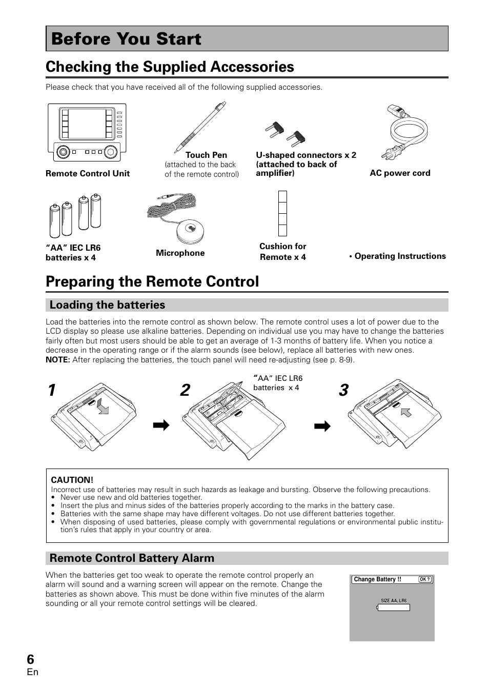 Before you start, Checking the supplied accessories, Preparing the remote control | Loading the batteries remote control battery alarm, Loading the batteries, Remote control battery alarm | Pioneer VSA-AX10 User Manual | Page 6 / 112