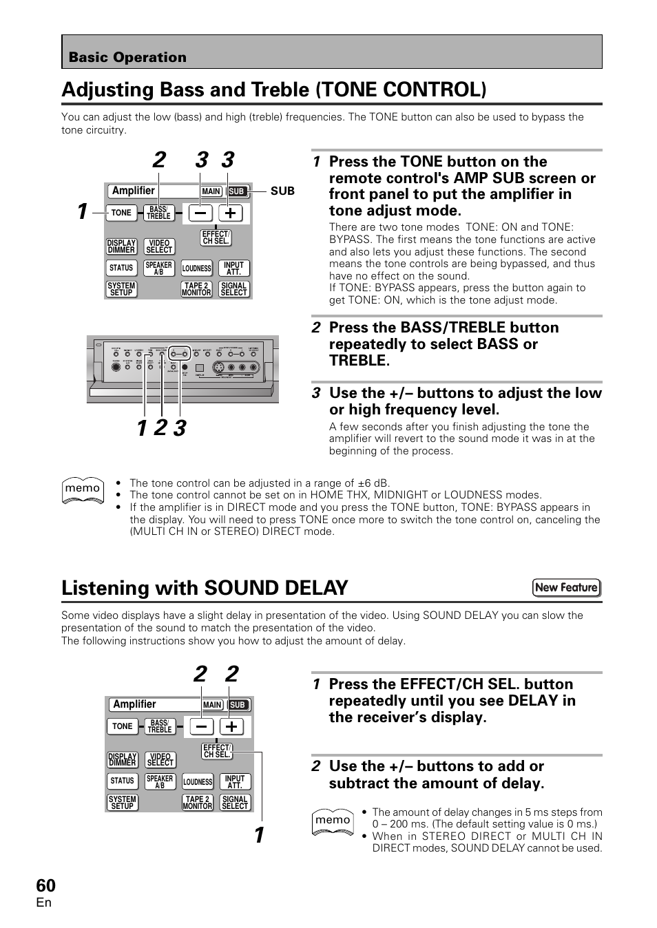 Adjusting bass and treble (tone control), Listening with sound delay, Basic operation | Pioneer VSA-AX10 User Manual | Page 60 / 112