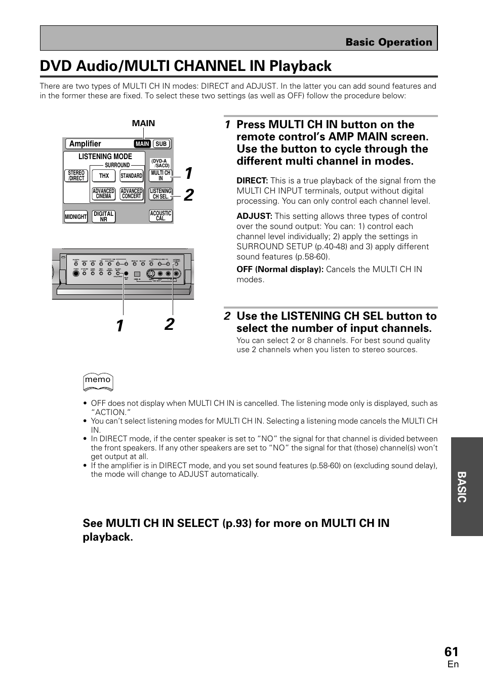 Dvd audio/multi channel in playback, Basic, Basic operation | Pioneer VSA-AX10 User Manual | Page 61 / 112