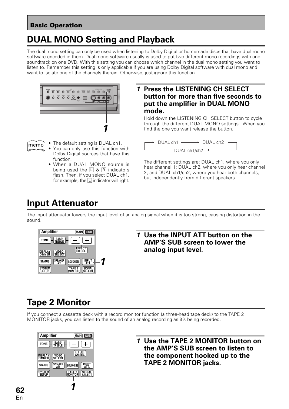 Dual mono setting and playback, Input attenuator, Tape 2 monitor | Basic operation | Pioneer VSA-AX10 User Manual | Page 62 / 112