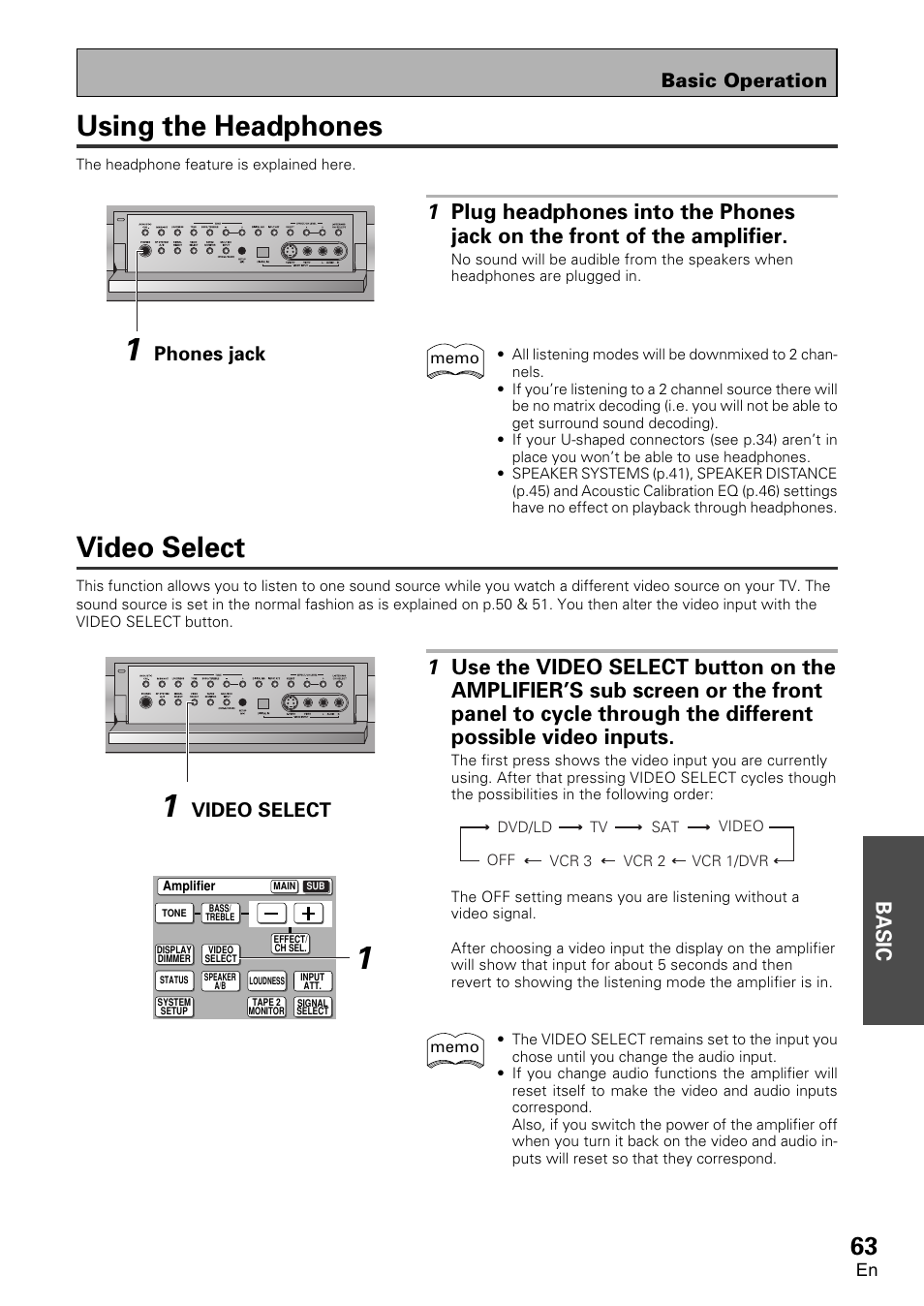 Using the headphones, Video select, Basic | Basic operation, Phones jack | Pioneer VSA-AX10 User Manual | Page 63 / 112