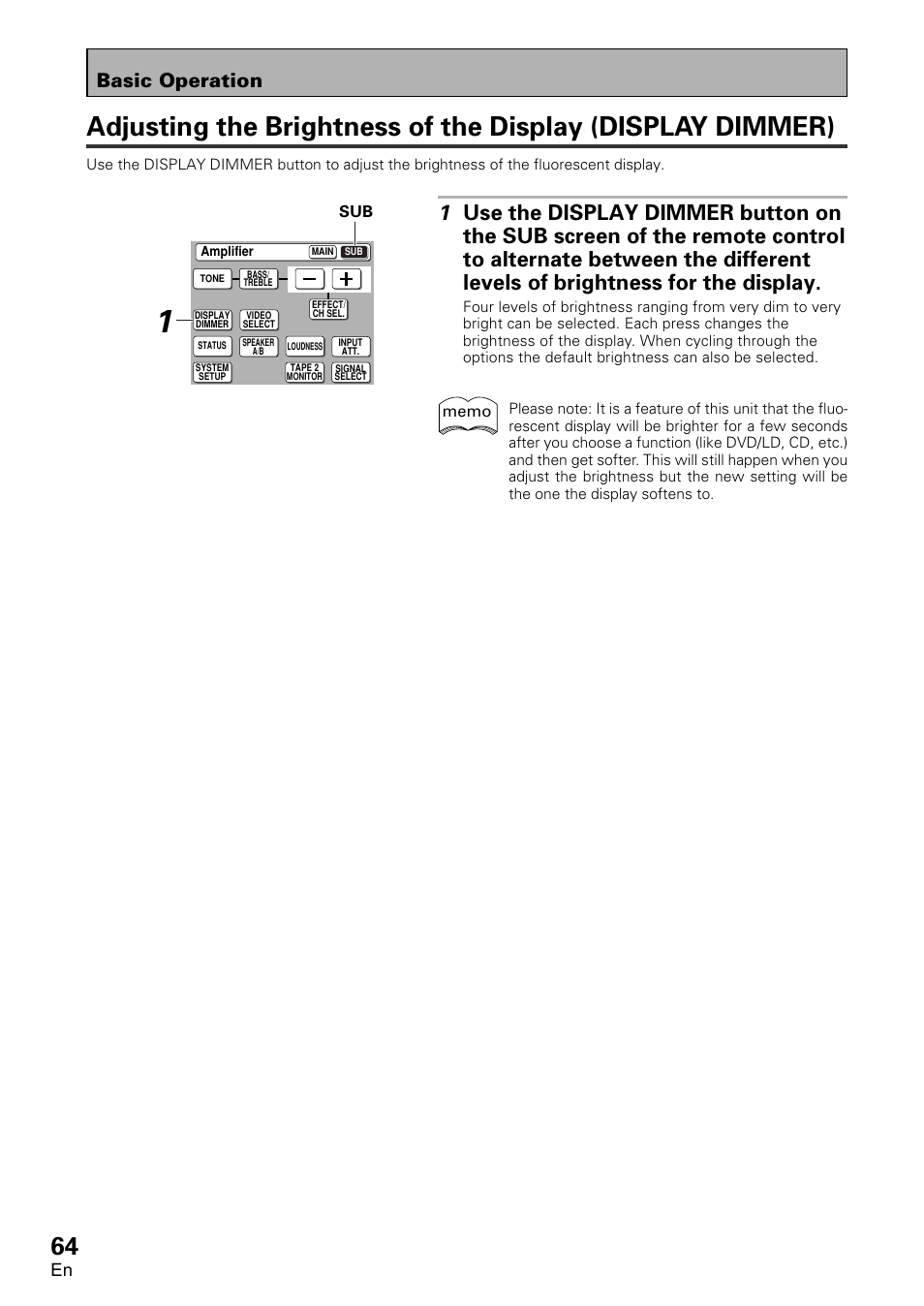 Adjusting the brightness of the display, Display dimmer), Basic operation | Pioneer VSA-AX10 User Manual | Page 64 / 112