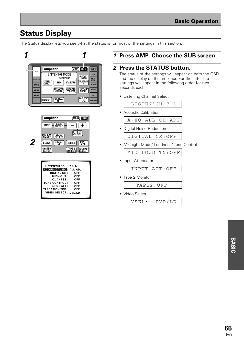 Status display, Basic, Basic operation | Pioneer VSA-AX10 User Manual | Page 65 / 112