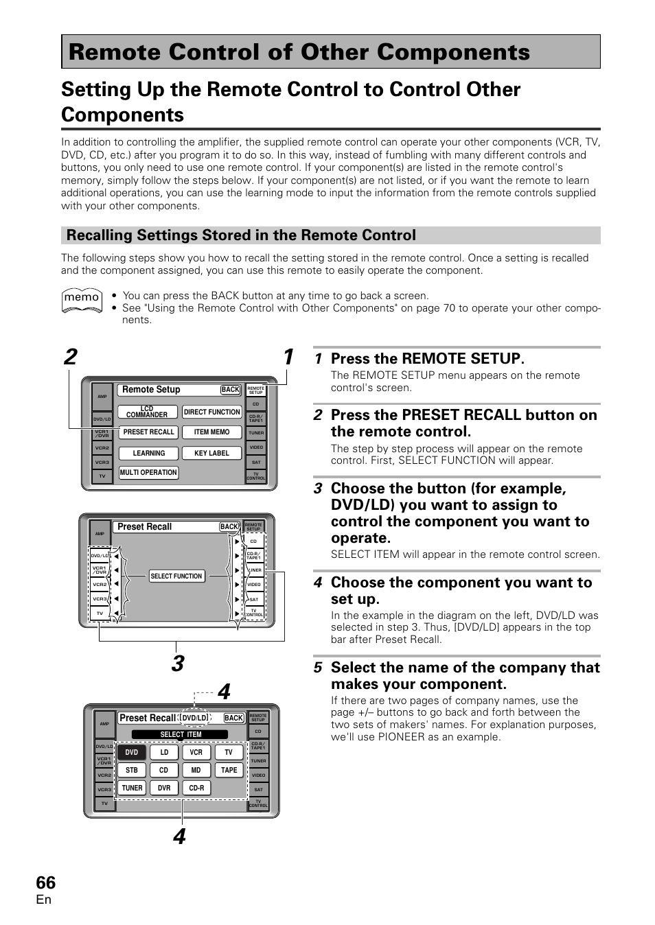 Remote control of other components, Setting up the remote control to control other, Components | Recalling settings stored in the, Remote control, 1 press the remote setup, 4 choose the component you want to set up, Recalling settings stored in the remote control | Pioneer VSA-AX10 User Manual | Page 66 / 112