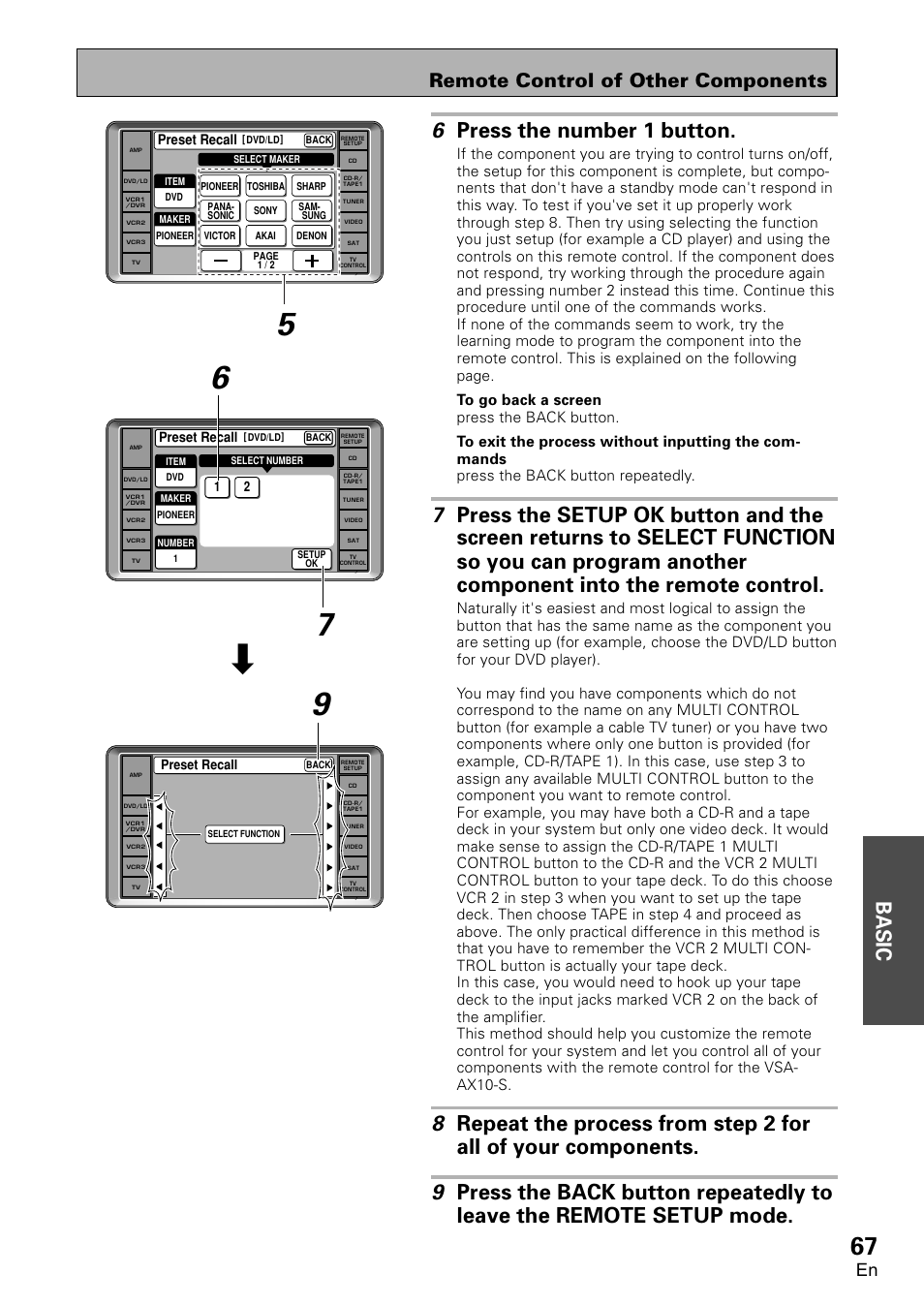 Basic 6 press the number 1 button, Remote control of other components, Preset recall | Pioneer VSA-AX10 User Manual | Page 67 / 112