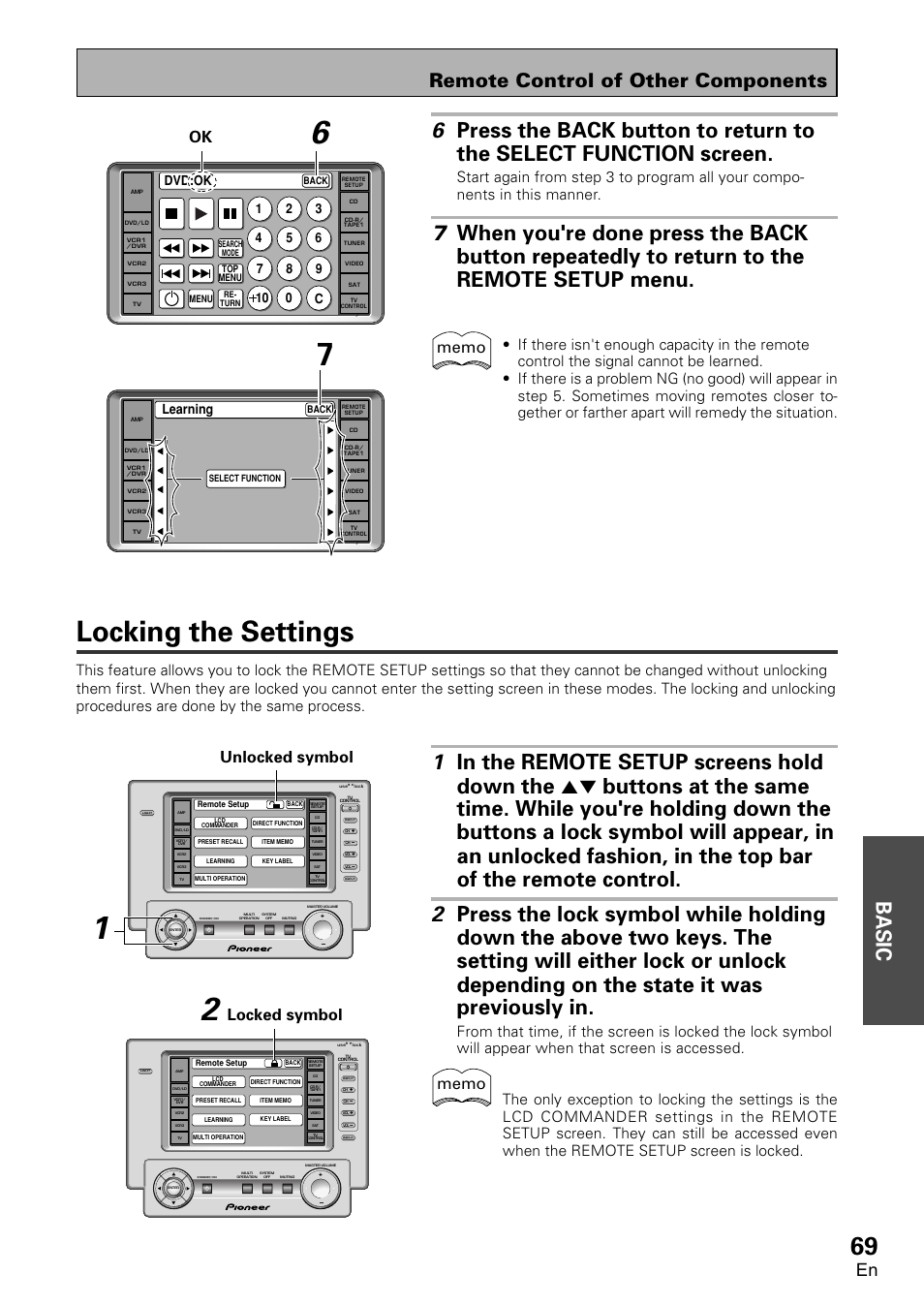 Locking the settings, Basic, Remote control of other components | Unlocked symbol, Locked symbol, 0c 10, Learning | Pioneer VSA-AX10 User Manual | Page 69 / 112