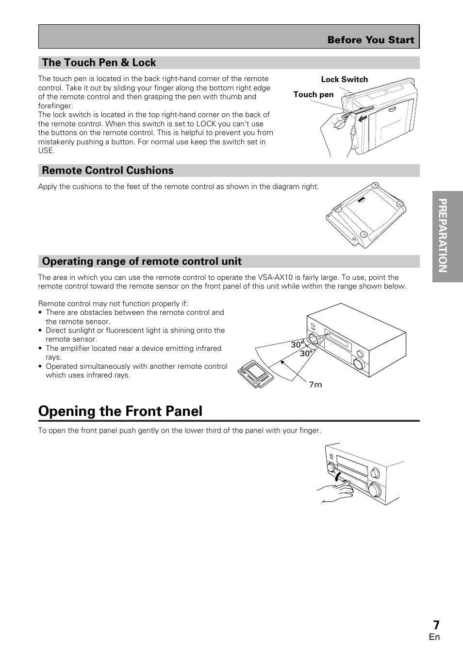 The touch pen & lock, Opening the front panel | Pioneer VSA-AX10 User Manual | Page 7 / 112