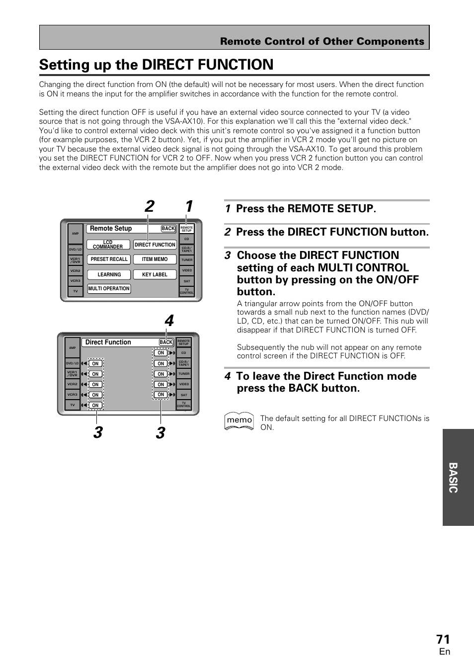 Setting up the direct function, Basic, Remote control of other components | Pioneer VSA-AX10 User Manual | Page 71 / 112