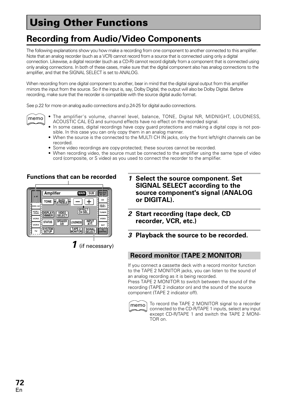 Using other functions, Recording from audio/video components, Record monitor (tape 2 monitor) | Functions that can be recorded, If necessary) | Pioneer VSA-AX10 User Manual | Page 72 / 112