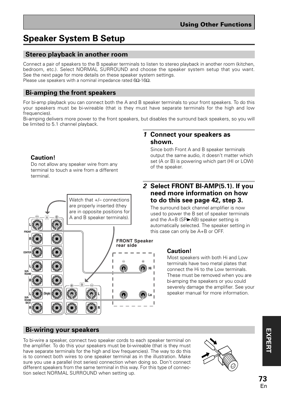 Speaker system b setup, Bi-wiring your speakers, Exper t | Bi-amping the front speakers, Stereo playback in another room, Using other functions, Caution | Pioneer VSA-AX10 User Manual | Page 73 / 112