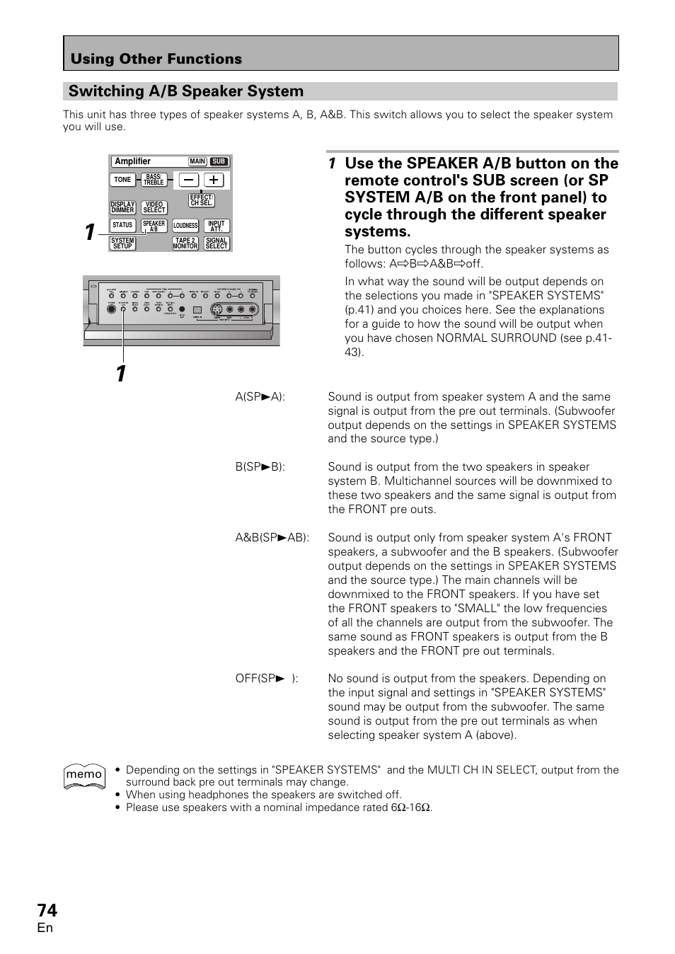 Switching a/b speaker system, Using other functions | Pioneer VSA-AX10 User Manual | Page 74 / 112