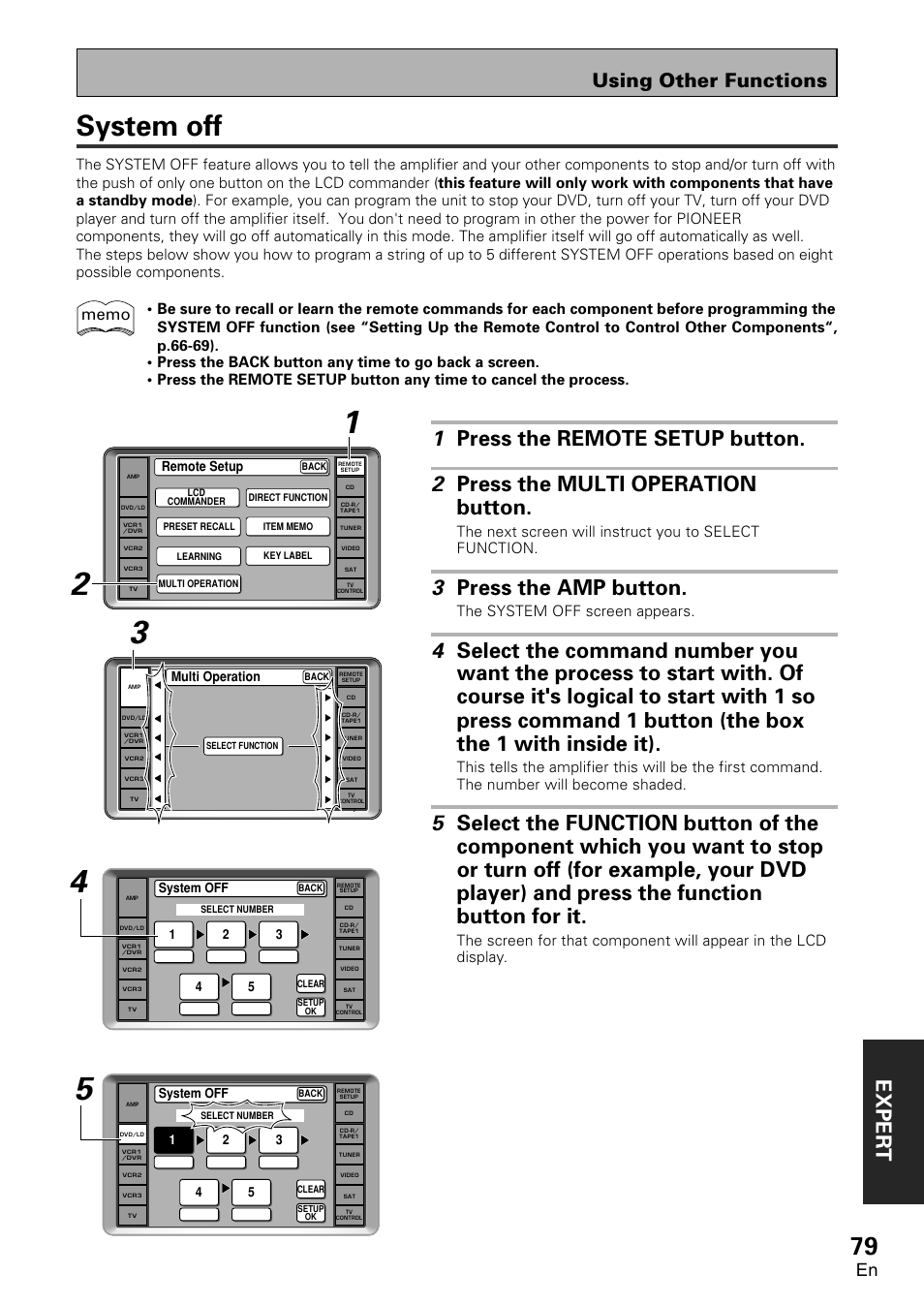 System off, Exper t, 3 press the amp button | Using other functions, The system off screen appears | Pioneer VSA-AX10 User Manual | Page 79 / 112