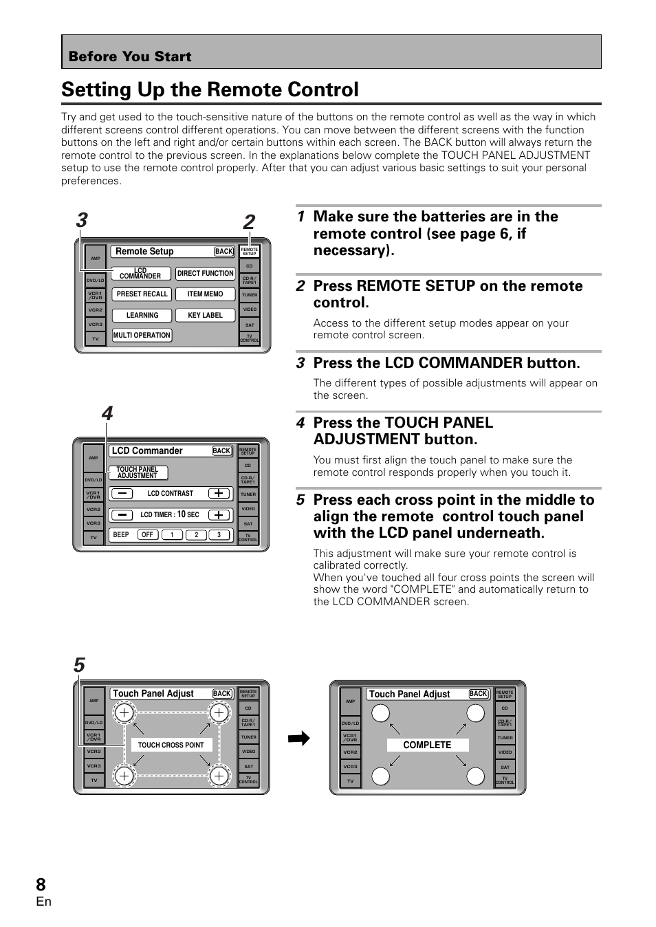 Setting up the remote control, 3 press the lcd commander button, 4 press the touch panel adjustment button | Before you start, Remote setup | Pioneer VSA-AX10 User Manual | Page 8 / 112