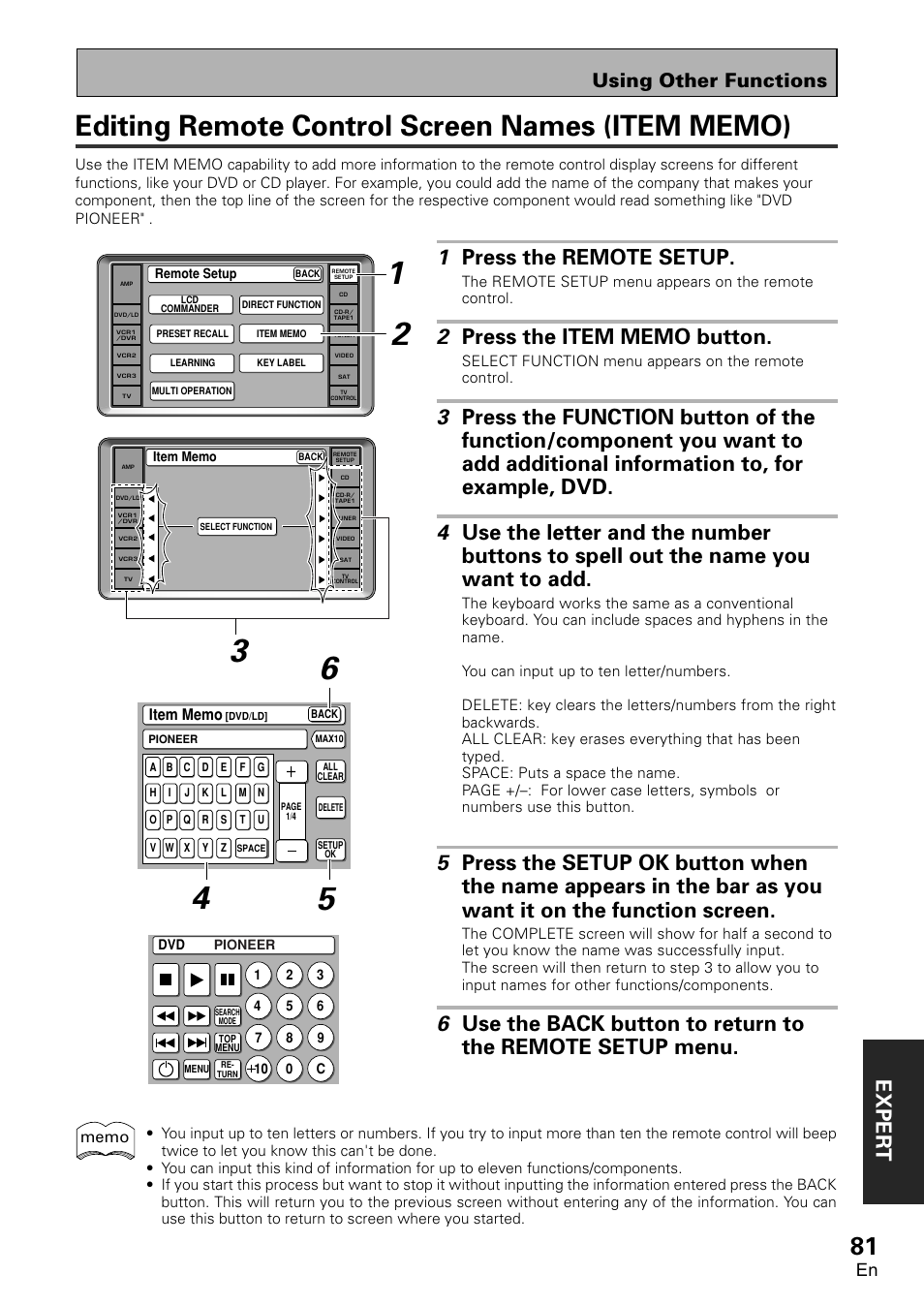 Editing remote control screen names (item memo), Exper t, 1 press the remote setup | Using other functions | Pioneer VSA-AX10 User Manual | Page 81 / 112