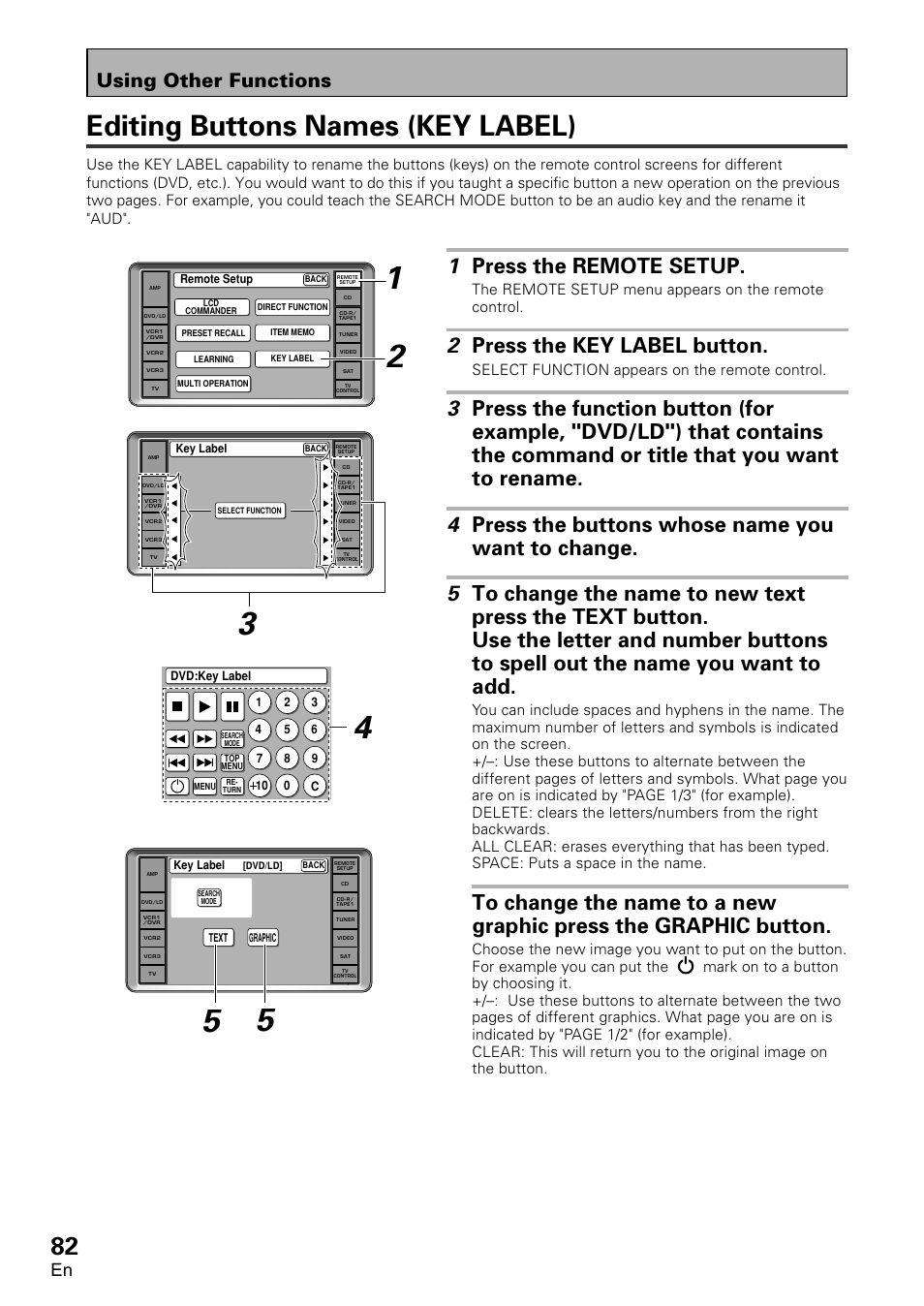 Editing buttons names (key label), 1 press the remote setup, 2 press the key label button | Using other functions, Select function appears on the remote control | Pioneer VSA-AX10 User Manual | Page 82 / 112