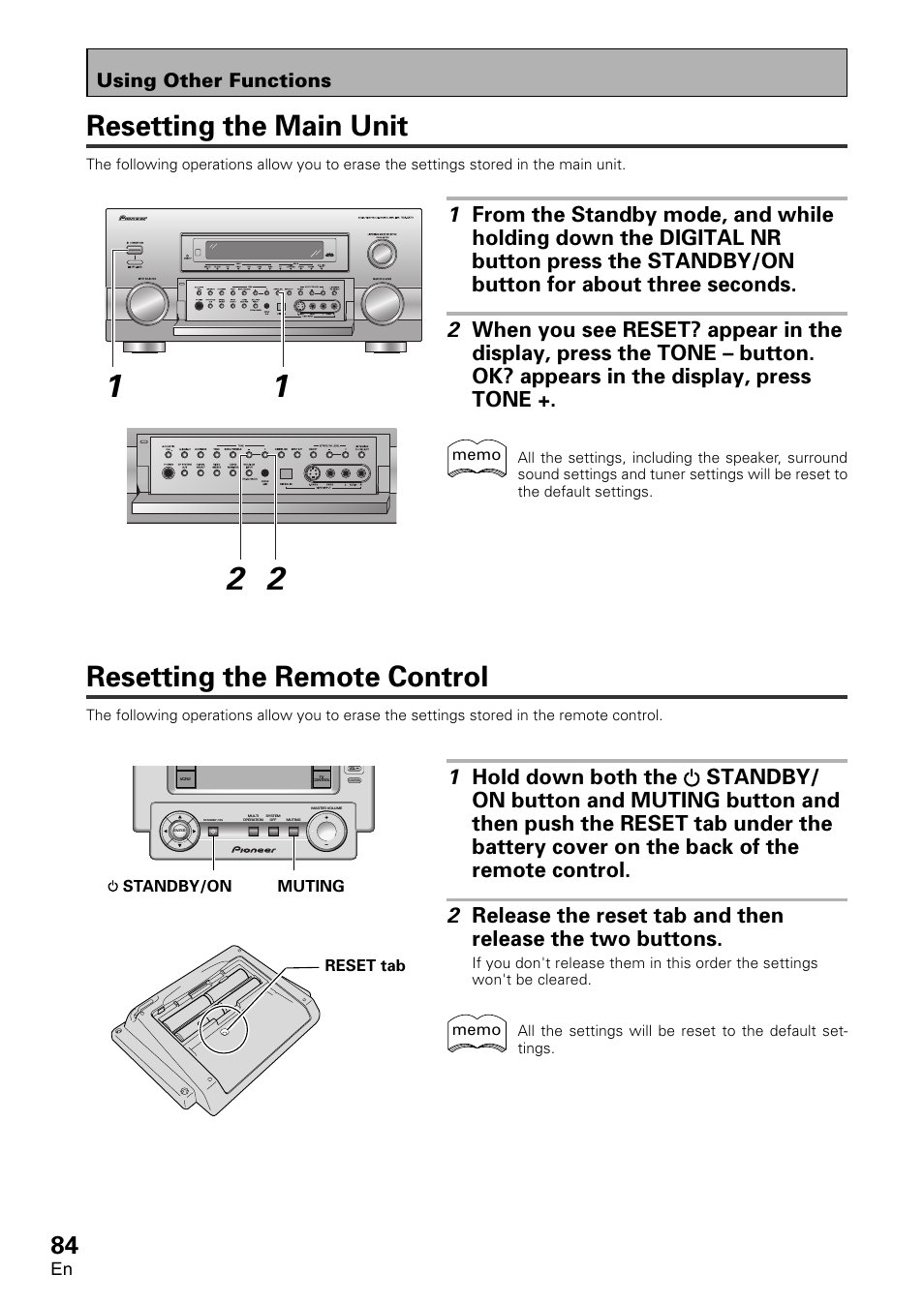 Resetting the remote control, Resetting the main unit, Using other functions | Pioneer VSA-AX10 User Manual | Page 84 / 112