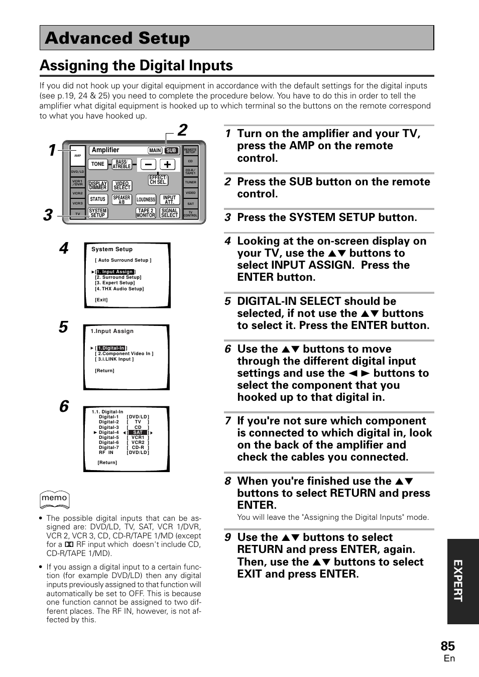 Advanced setup, Assigning the digital inputs, Exper t | Pioneer VSA-AX10 User Manual | Page 85 / 112