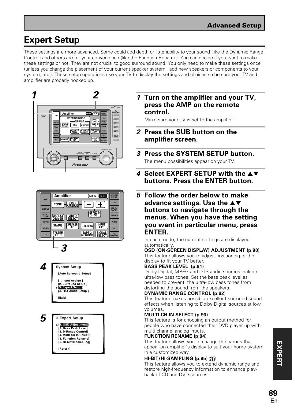 Expert setup, Exper t, Advanced setup | Make sure your tv is set to the amplifier, The menu possibilities appear on your tv | Pioneer VSA-AX10 User Manual | Page 89 / 112