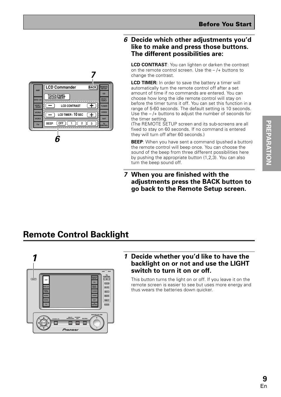 Remote control backlight, Prep ara tion prep ara tion prep ara t ion, Before you start | Pioneer VSA-AX10 User Manual | Page 9 / 112