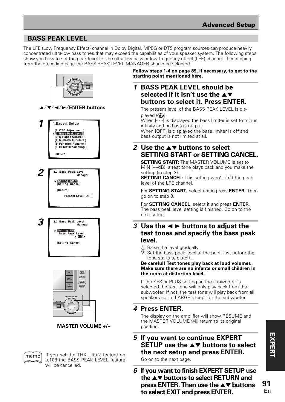 Bass peak level, Exper t, 4 press enter | Advanced setup | Pioneer VSA-AX10 User Manual | Page 91 / 112