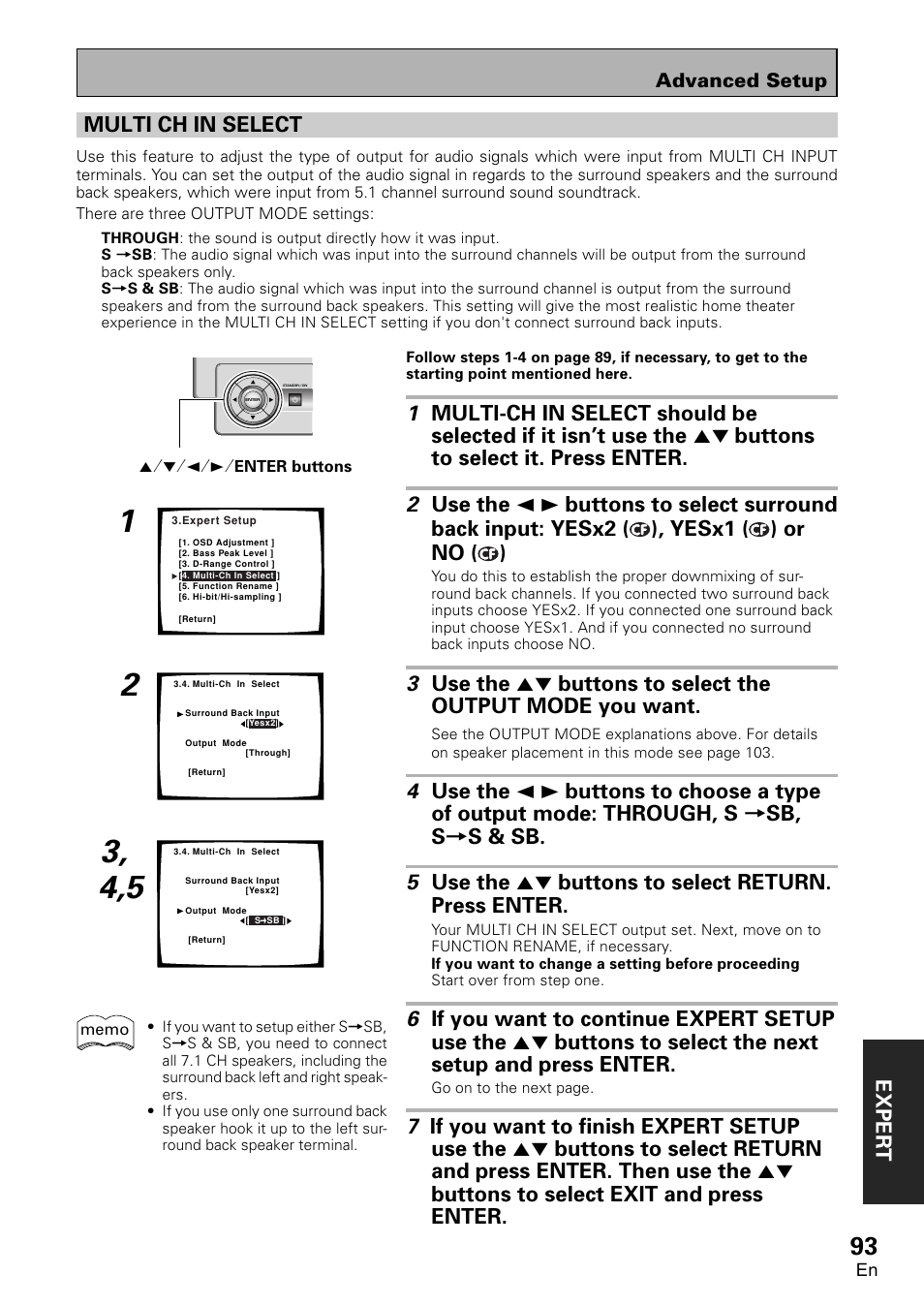 Multi ch in select, Exper t multi ch in select | Pioneer VSA-AX10 User Manual | Page 93 / 112