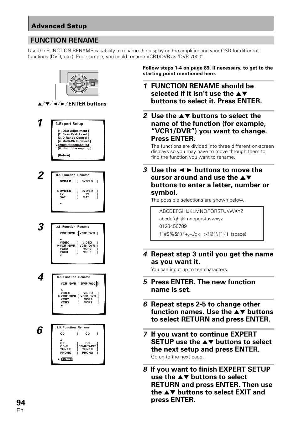 Function rename, Advanced setup | Pioneer VSA-AX10 User Manual | Page 94 / 112