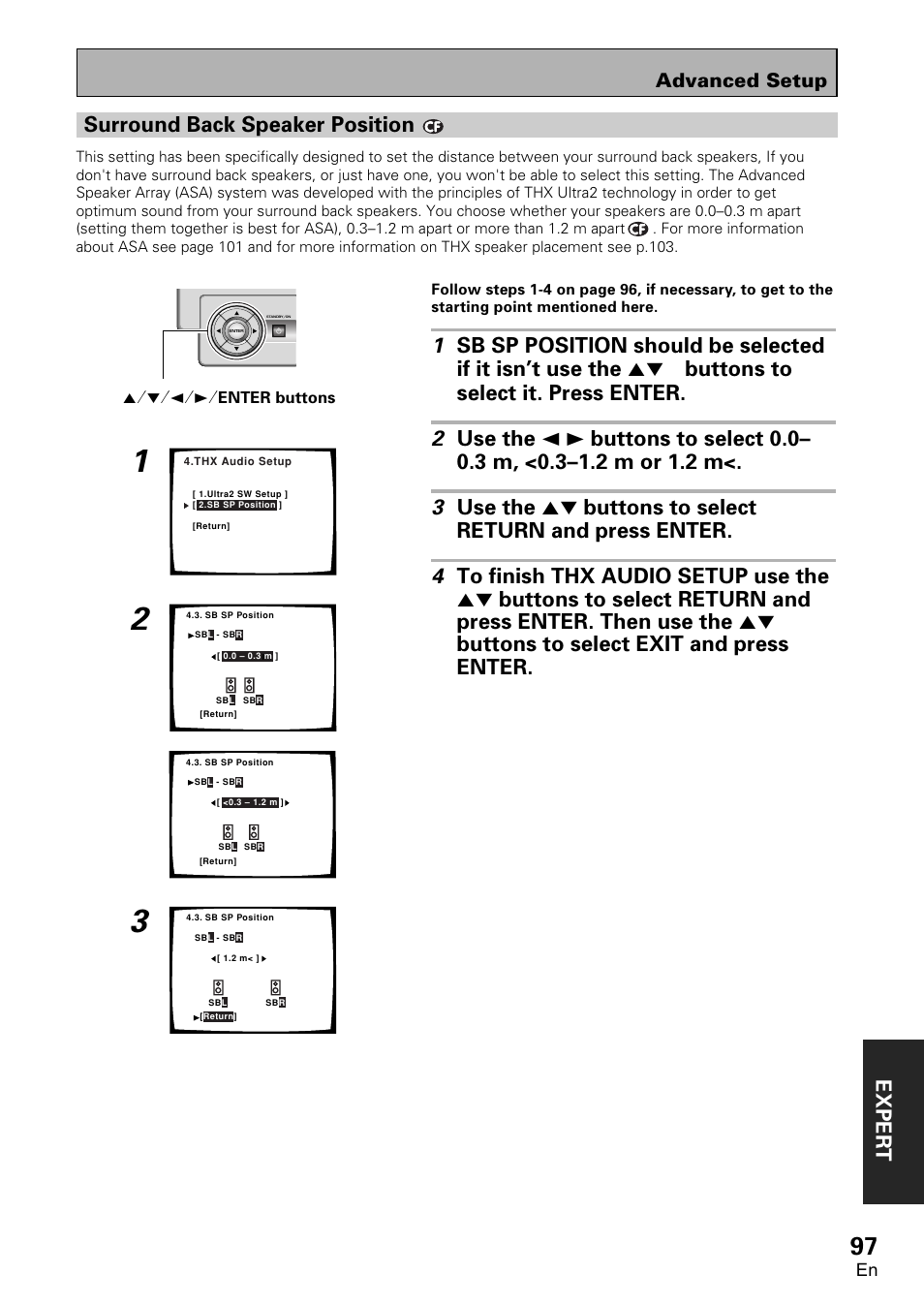 Surround back speaker position, Exper t, Advanced setup | Pioneer VSA-AX10 User Manual | Page 97 / 112