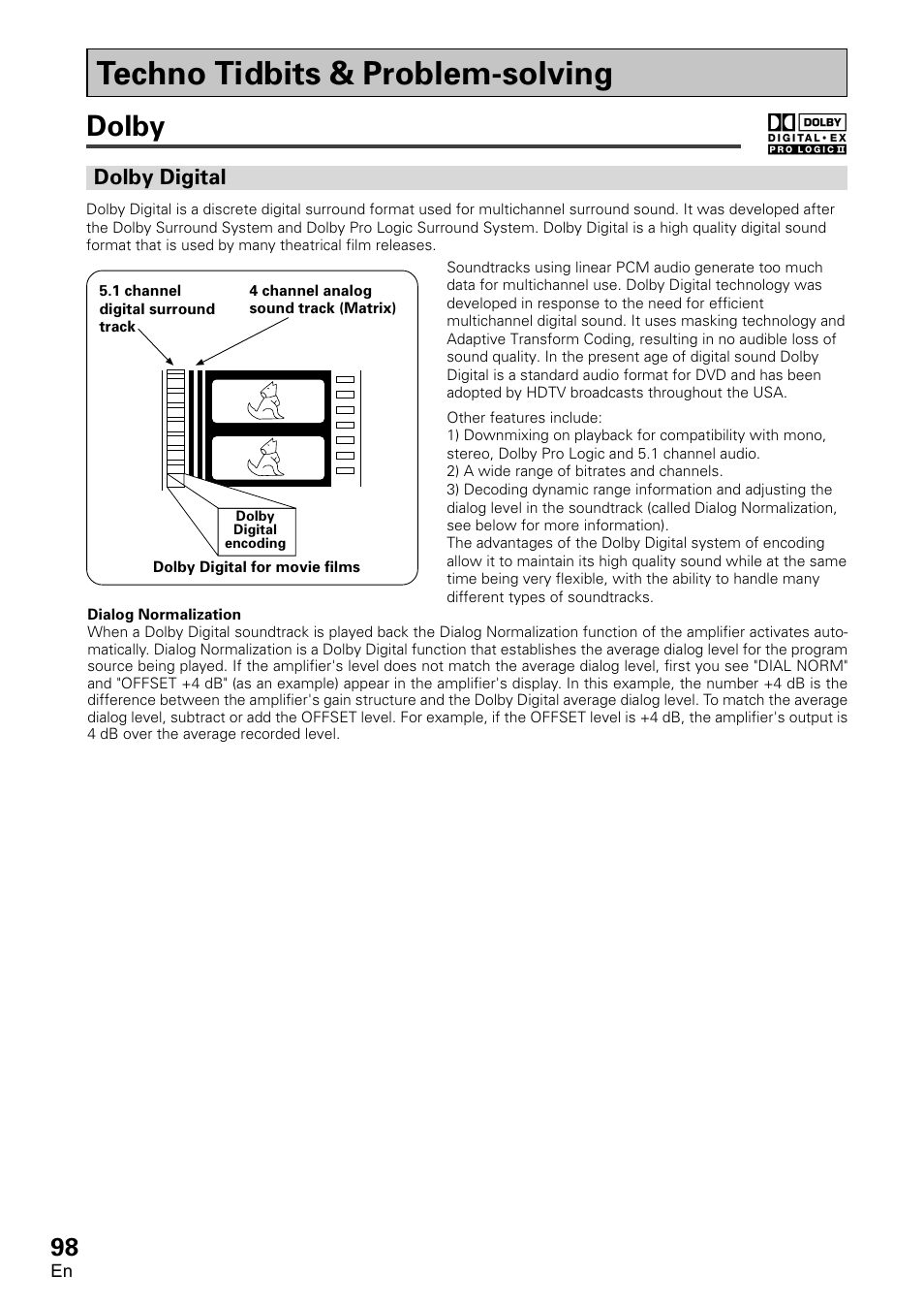 Techno tidbits & problem-solving, Dolby, Dolby digital | Pioneer VSA-AX10 User Manual | Page 98 / 112