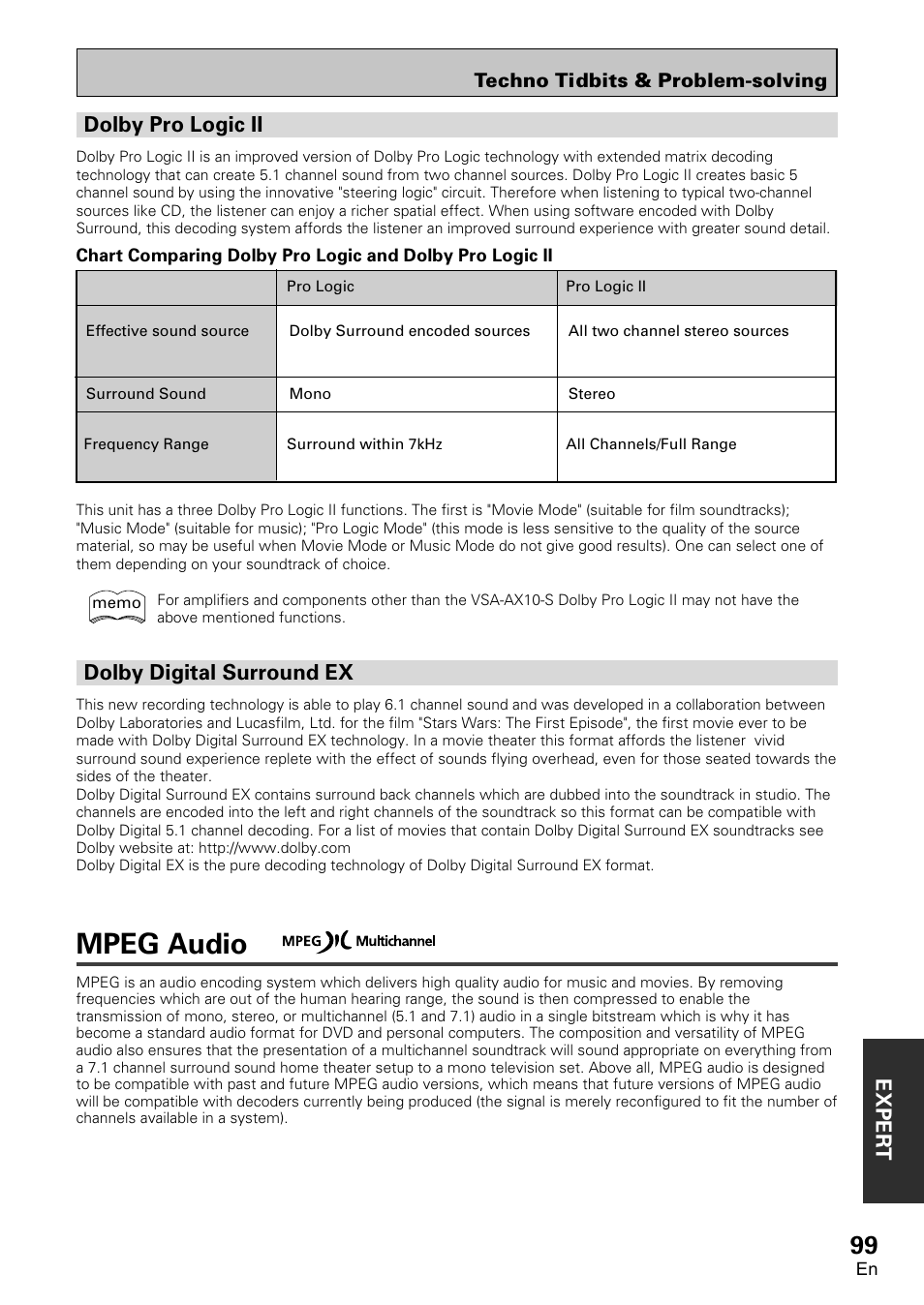 Dolby pro logic ii, Dolby digital surround ex, Mpeg audio | Exper t dolby pro logic ii | Pioneer VSA-AX10 User Manual | Page 99 / 112