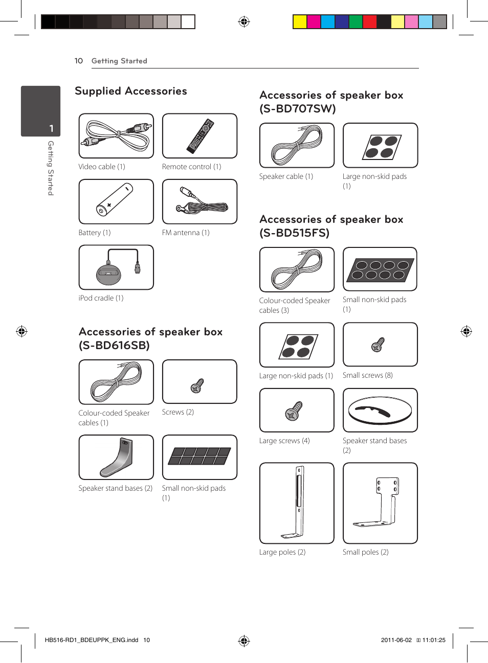 S-bd616sb), 10 – accessories of speaker box, S-bd707sw) | S-bd515fs), Supplied accessories, Accessories of speaker box (s-bd616sb), Accessories of speaker box (s-bd707sw), Accessories of speaker box (s-bd515fs) | Pioneer BCS-FS515 User Manual | Page 10 / 452