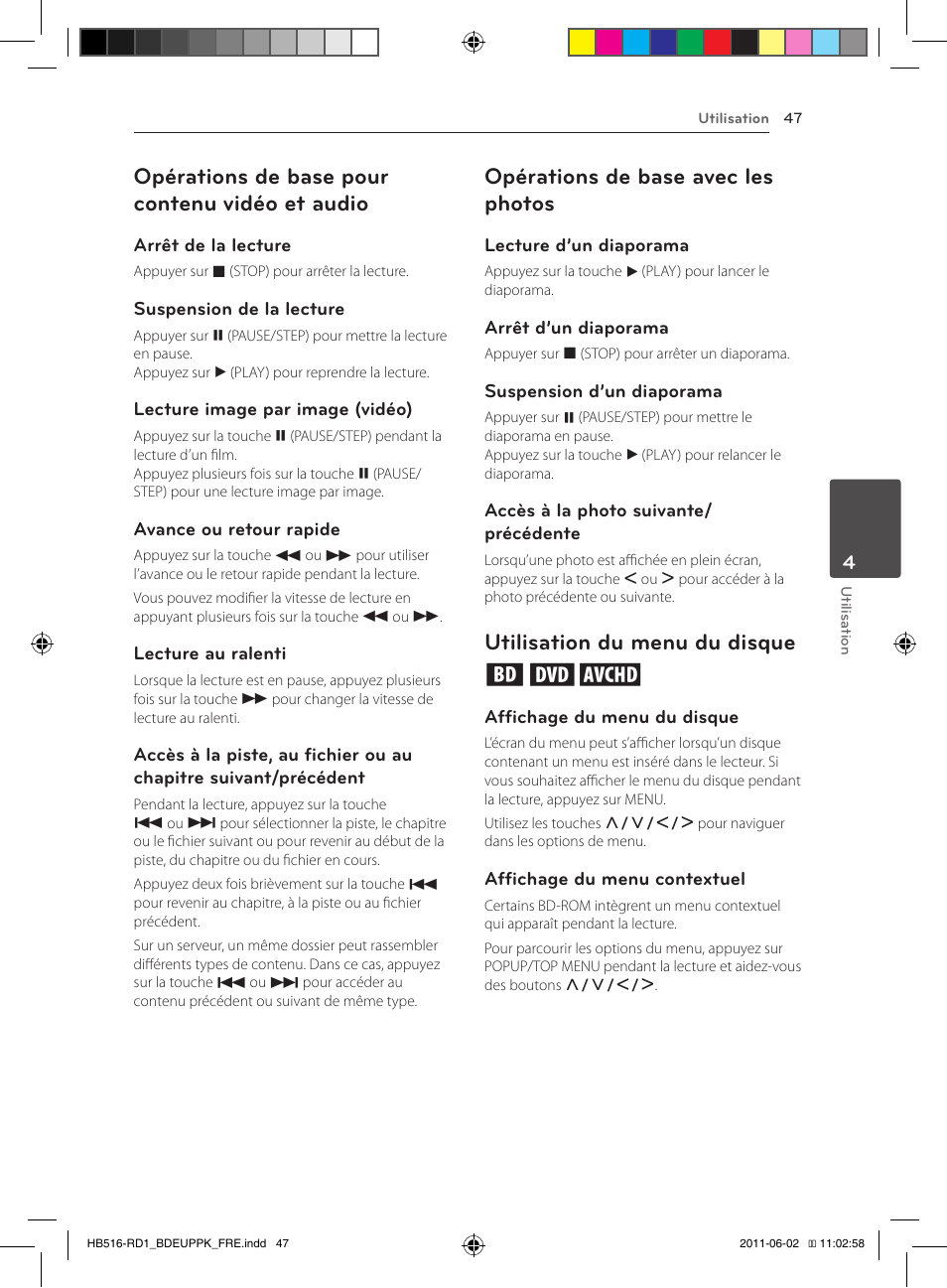 47 – opérations de base pour contenu, Vidéo et audio, Opérations de base pour contenu vidéo et audio | Opérations de base avec les photos, Utilisation du menu du disque ero | Pioneer BCS-FS515 User Manual | Page 119 / 452
