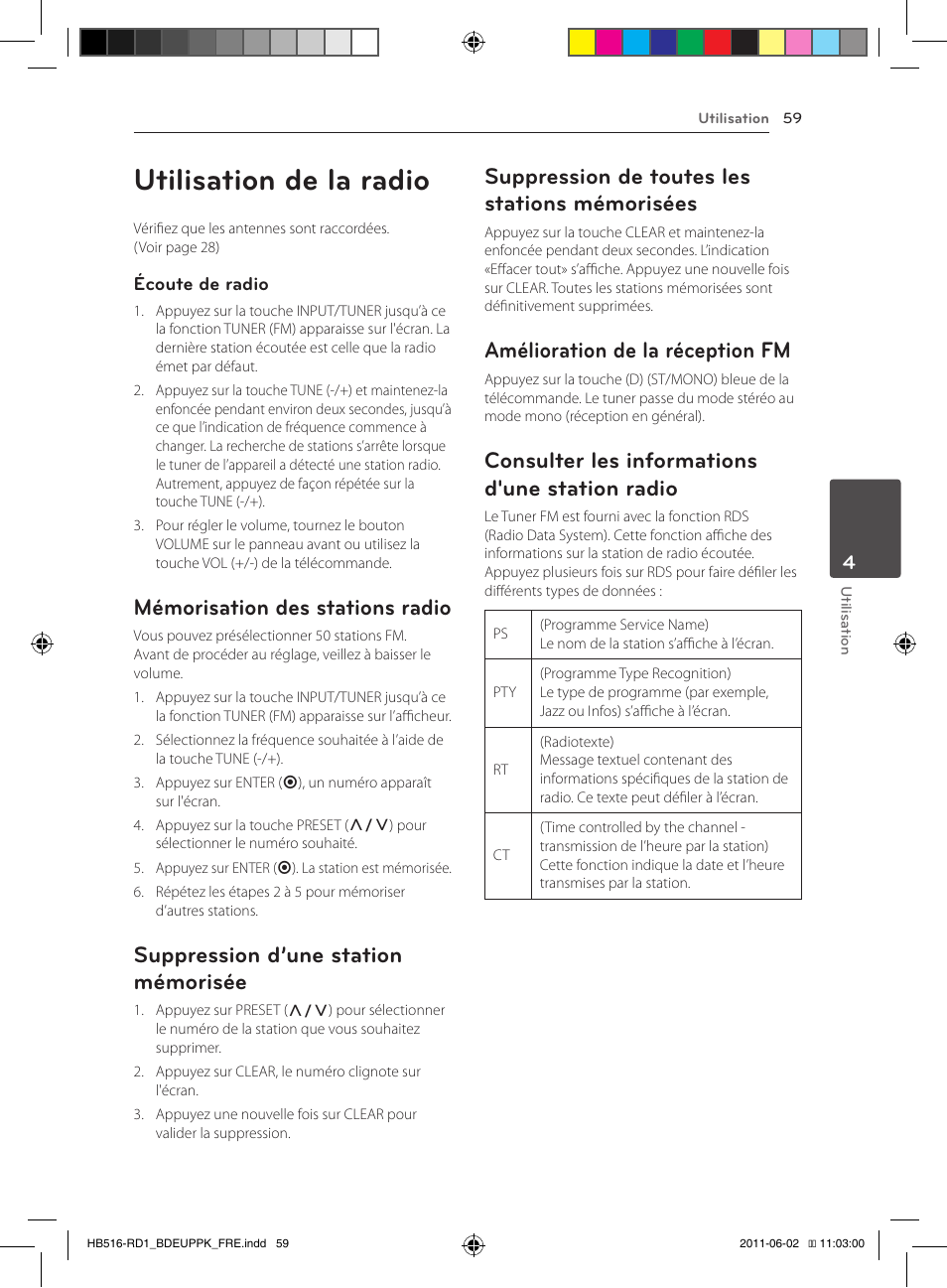 Utilisation de la radio, Mémorisation des stations radio, Suppression d’une station mémorisée | Suppression de toutes les stations mémorisées, Amélioration de la réception fm, Consulter les informations d'une station radio | Pioneer BCS-FS515 User Manual | Page 131 / 452