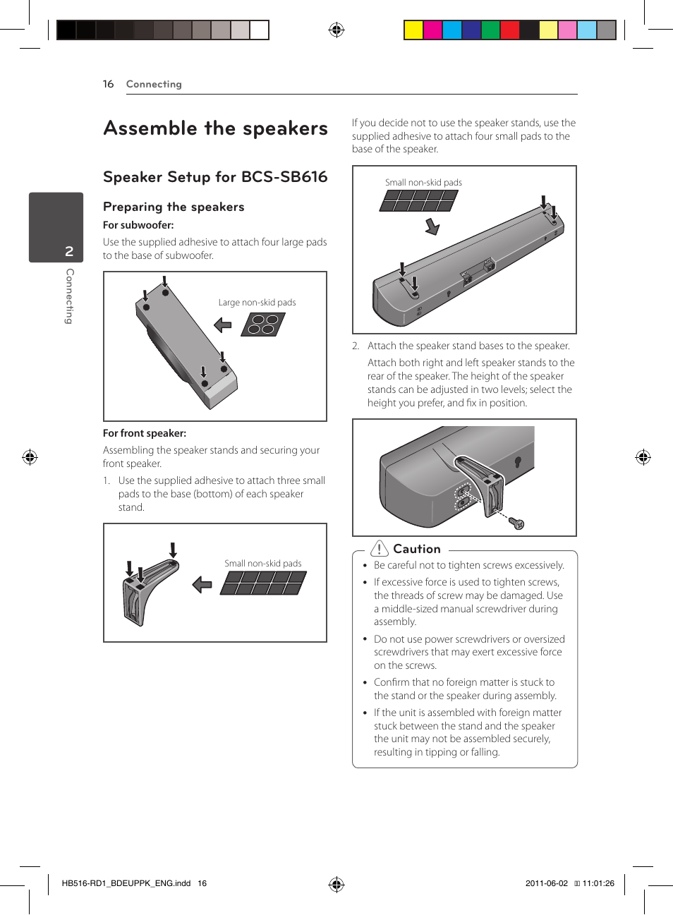 Assemble the speakers, 16 – speaker setup for bcs-sb616, Speaker setup for bcs-sb616 | Pioneer BCS-FS515 User Manual | Page 16 / 452