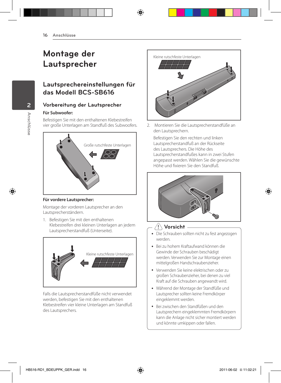 Montage der lautsprecher, 16 – lautsprechereinstellungen für das, Modell bcs-sb616 | Lautsprechereinstellungen für das modell bcs-sb616 | Pioneer BCS-FS515 User Manual | Page 168 / 452