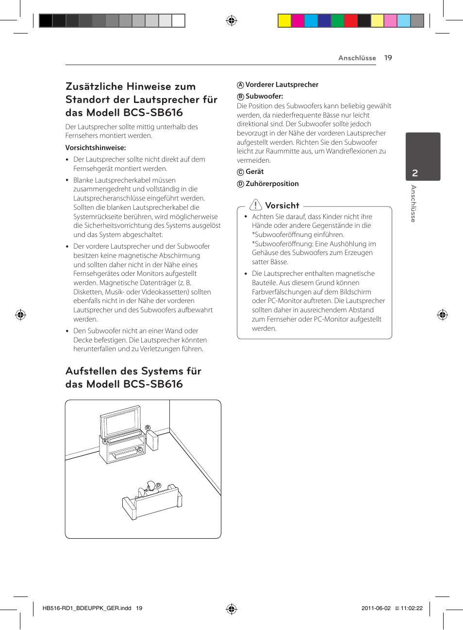 19 – zusätzliche hinweise zum standort, Der lautsprecher für das modell bcs-sb616, 19 – aufstellen des systems für das modell | Bcs-sb616, Aufstellen des systems für das modell bcs-sb616, Vorsicht | Pioneer BCS-FS515 User Manual | Page 171 / 452