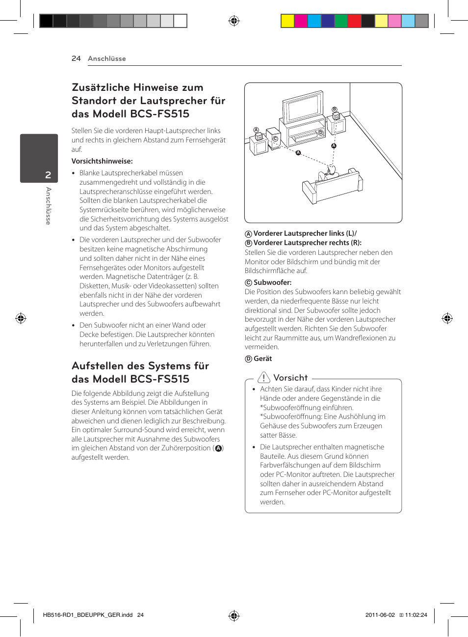 24 – zusätzliche hinweise zum standort, Der lautsprecher für das modell bcs-fs515, 24 – aufstellen des systems für das modell | Bcs-fs515, Aufstellen des systems für das modell bcs-fs515, Vorsicht | Pioneer BCS-FS515 User Manual | Page 176 / 452