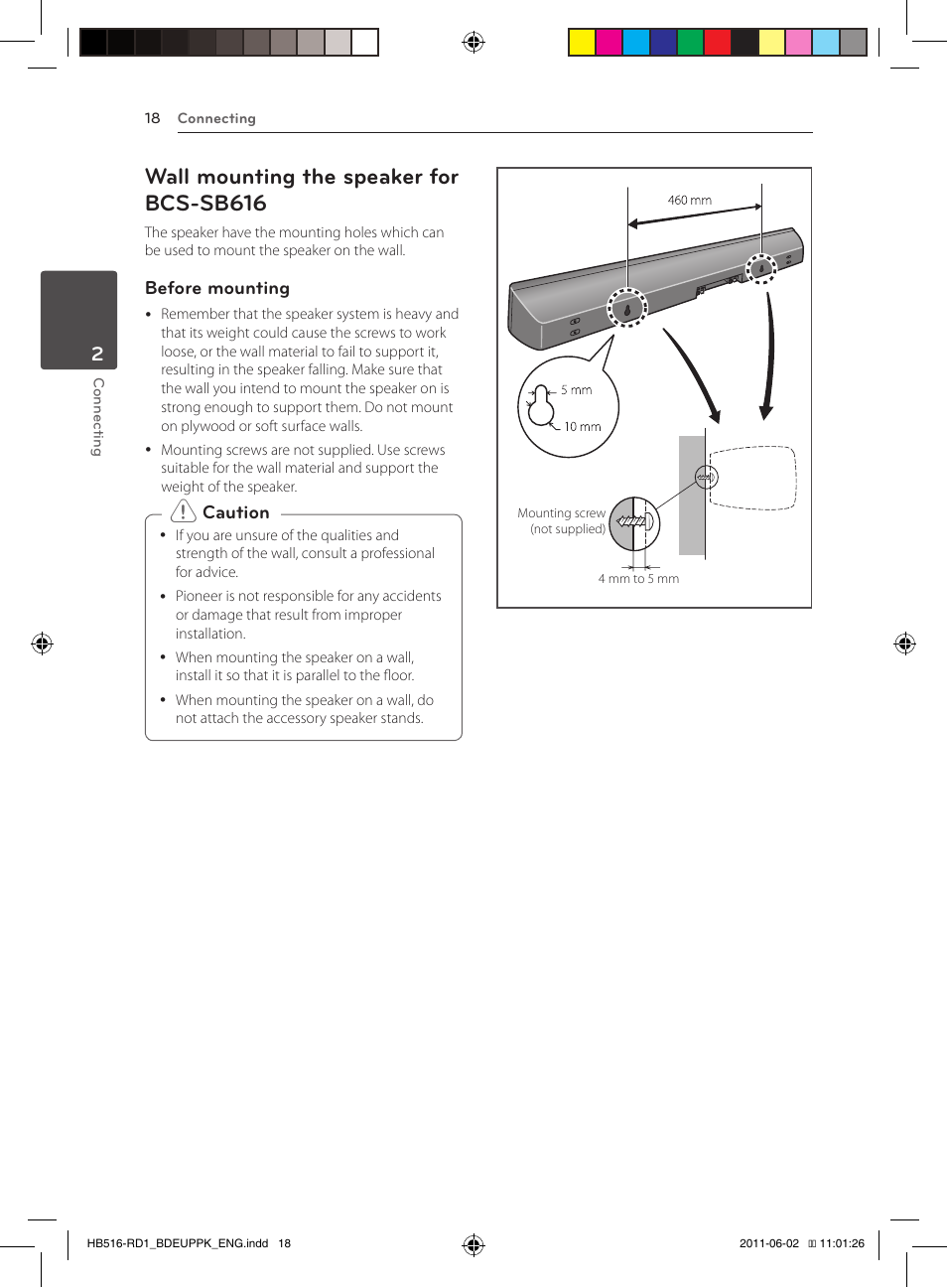 18 – wall mounting the speaker for, Bcs-sb616, Wall mounting the speaker for bcs-sb616 | Pioneer BCS-FS515 User Manual | Page 18 / 452