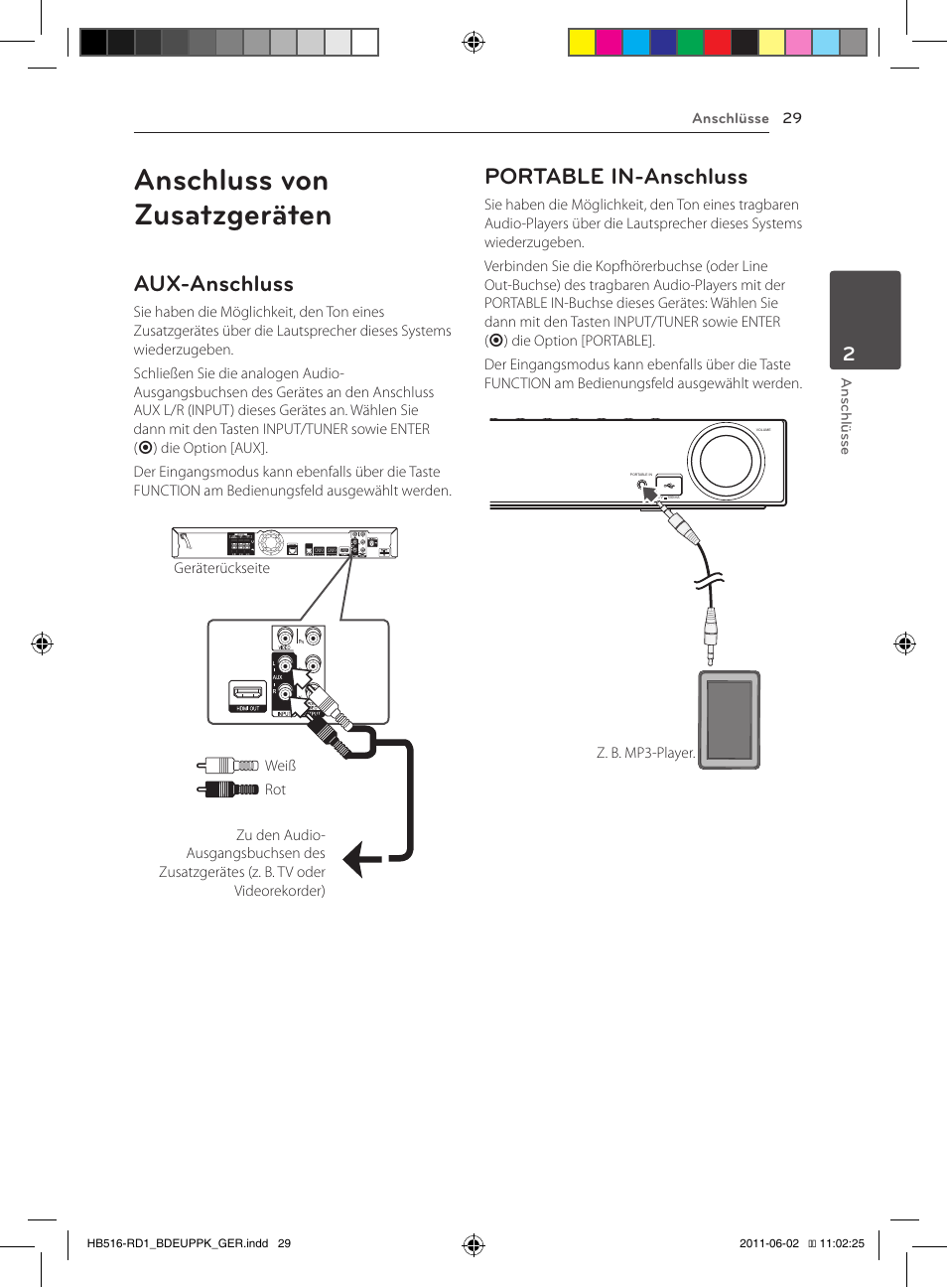 Anschluss von zusatzgeräten, Aux-anschluss, Portable in-anschluss | Pioneer BCS-FS515 User Manual | Page 181 / 452