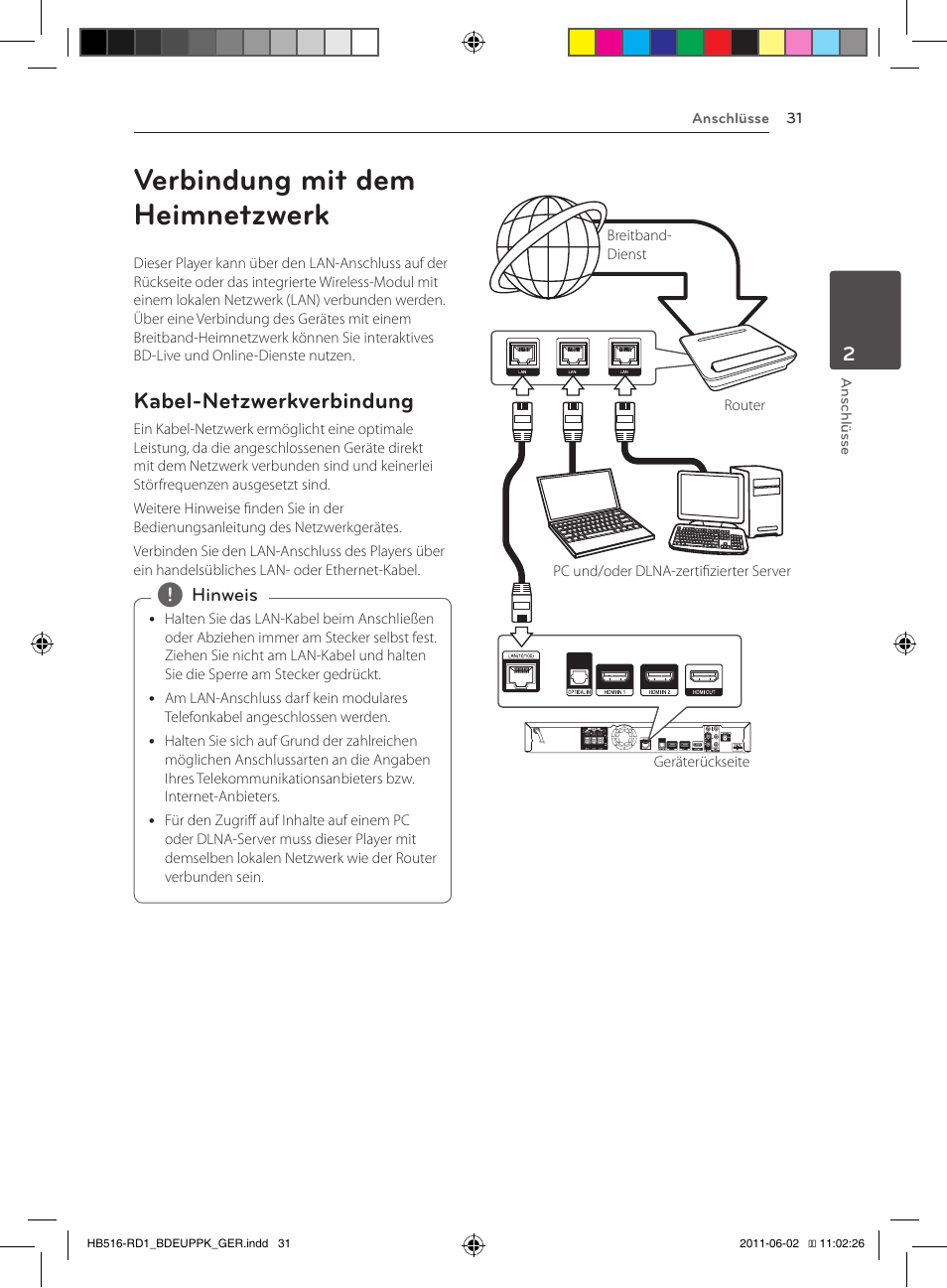Verbindung mit dem heimnetzwerk, 31 – kabel-netzwerkverbindung, Kabel-netzwerkverbindung | Pioneer BCS-FS515 User Manual | Page 183 / 452
