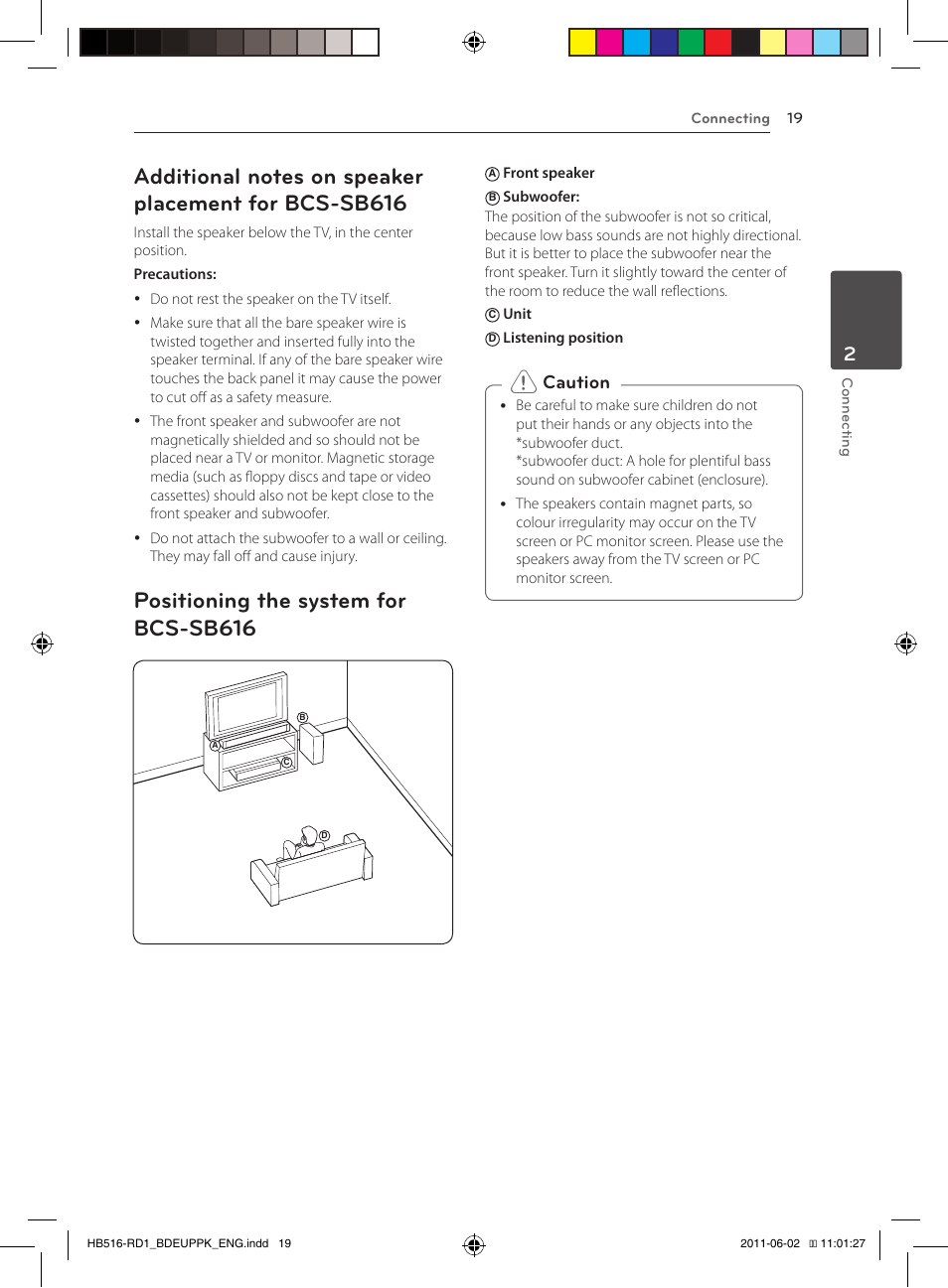 19 – additional notes on speaker, Placement for bcs-sb616, 19 – positioning the system for | Bcs-sb616, Positioning the system for bcs-sb616, Caution | Pioneer BCS-FS515 User Manual | Page 19 / 452