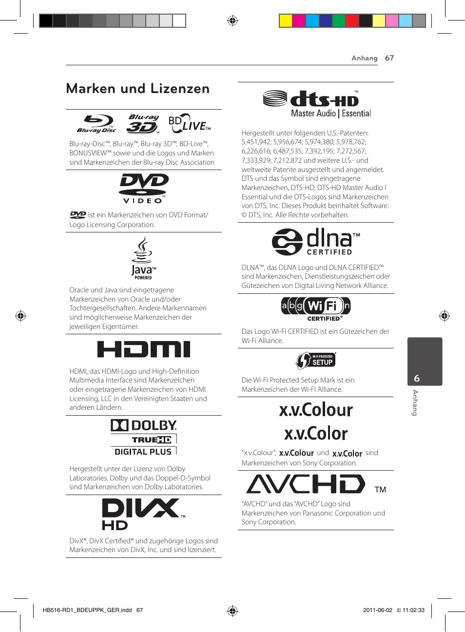 67 marques et licences, 67 marken und lizenzen, Marken und lizenzen | Pioneer BCS-FS515 User Manual | Page 219 / 452