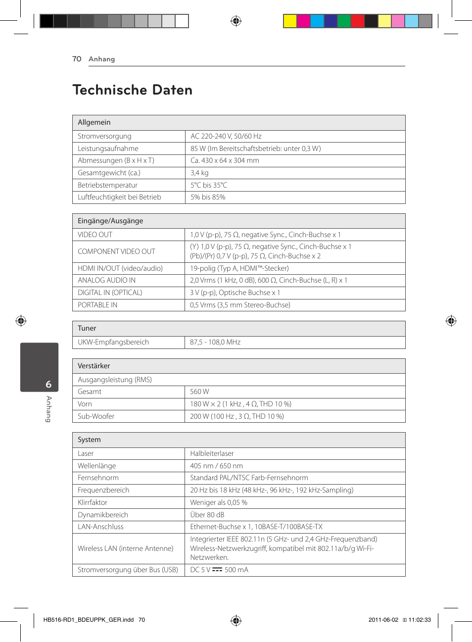 70 caractéristiques, 70 technische daten, Technische daten | Pioneer BCS-FS515 User Manual | Page 222 / 452