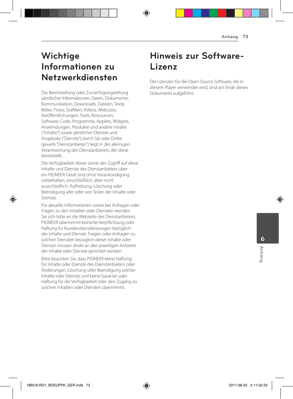 73 informations importantes sur les services, En réseau, 73 wichtige informationen zu | Netzwerkdiensten, 73 hinweis zur software-lizenz, Wichtige informationen zu netzwerkdiensten, Hinweis zur software- lizenz | Pioneer BCS-FS515 User Manual | Page 225 / 452