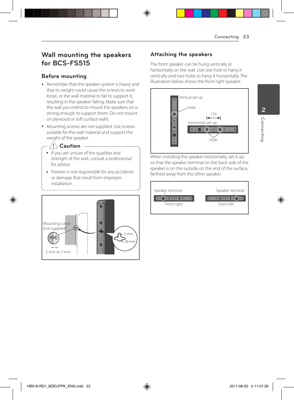 23 – wall mounting the speakers for, Bcs-fs515, Wall mounting the speakers for bcs-fs515 | Pioneer BCS-FS515 User Manual | Page 23 / 452