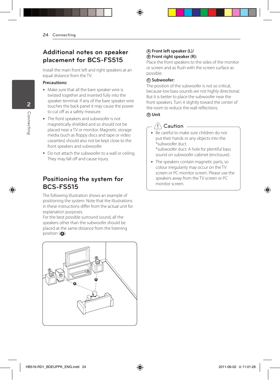 24 – additional notes on speaker, Placement for bcs-fs515, 24 – positioning the system for bcs-fs515 | Positioning the system for bcs-fs515, Caution | Pioneer BCS-FS515 User Manual | Page 24 / 452