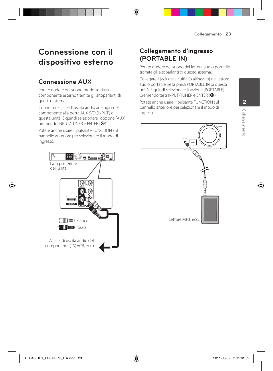 Connessione con il dispositivo esterno, Connessione aux, Collegamento d'ingresso (portable in) | Pioneer BCS-FS515 User Manual | Page 253 / 452