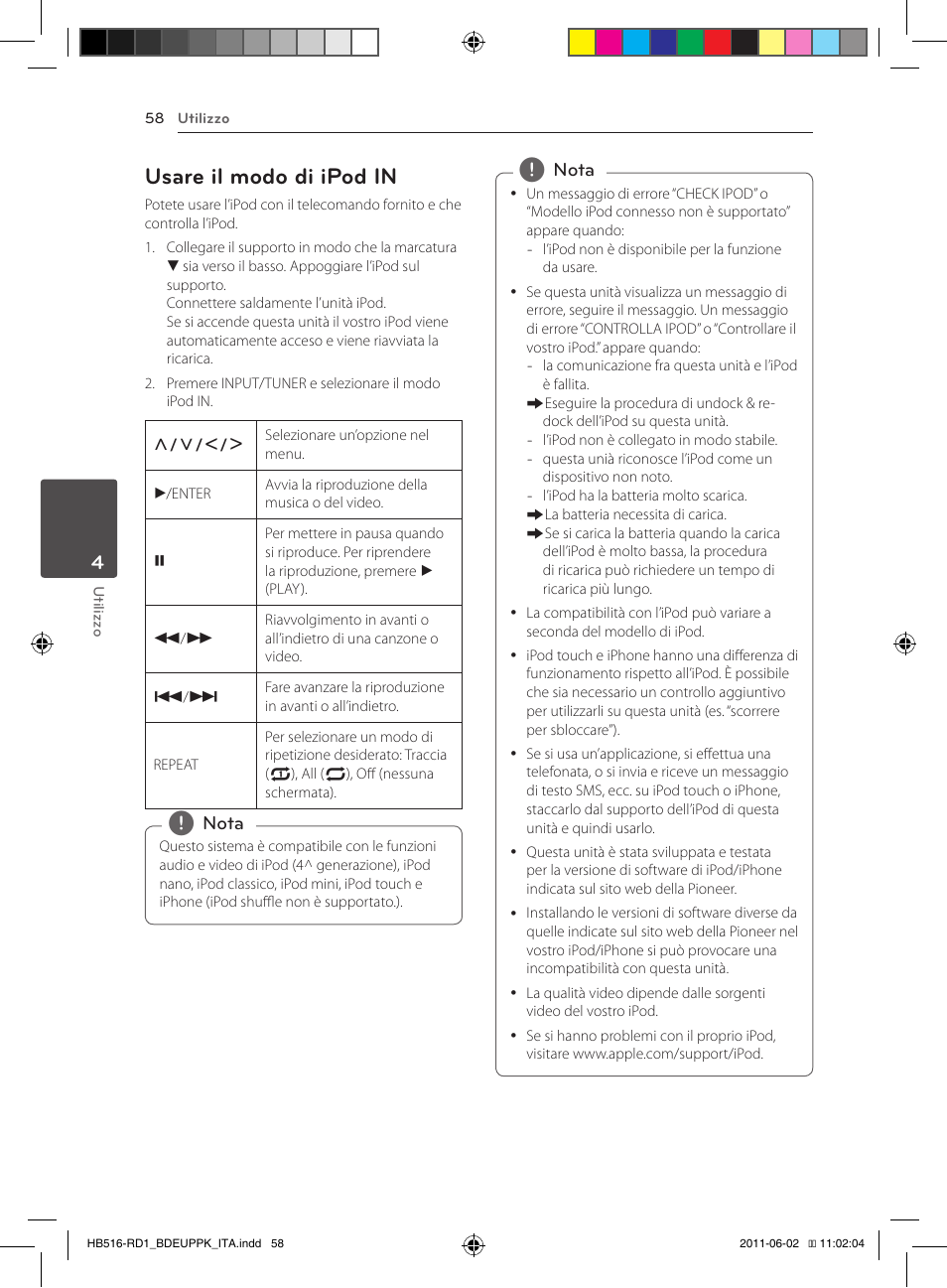 58 – usare il modo di ipod in, Usare il modo di ipod in | Pioneer BCS-FS515 User Manual | Page 282 / 452
